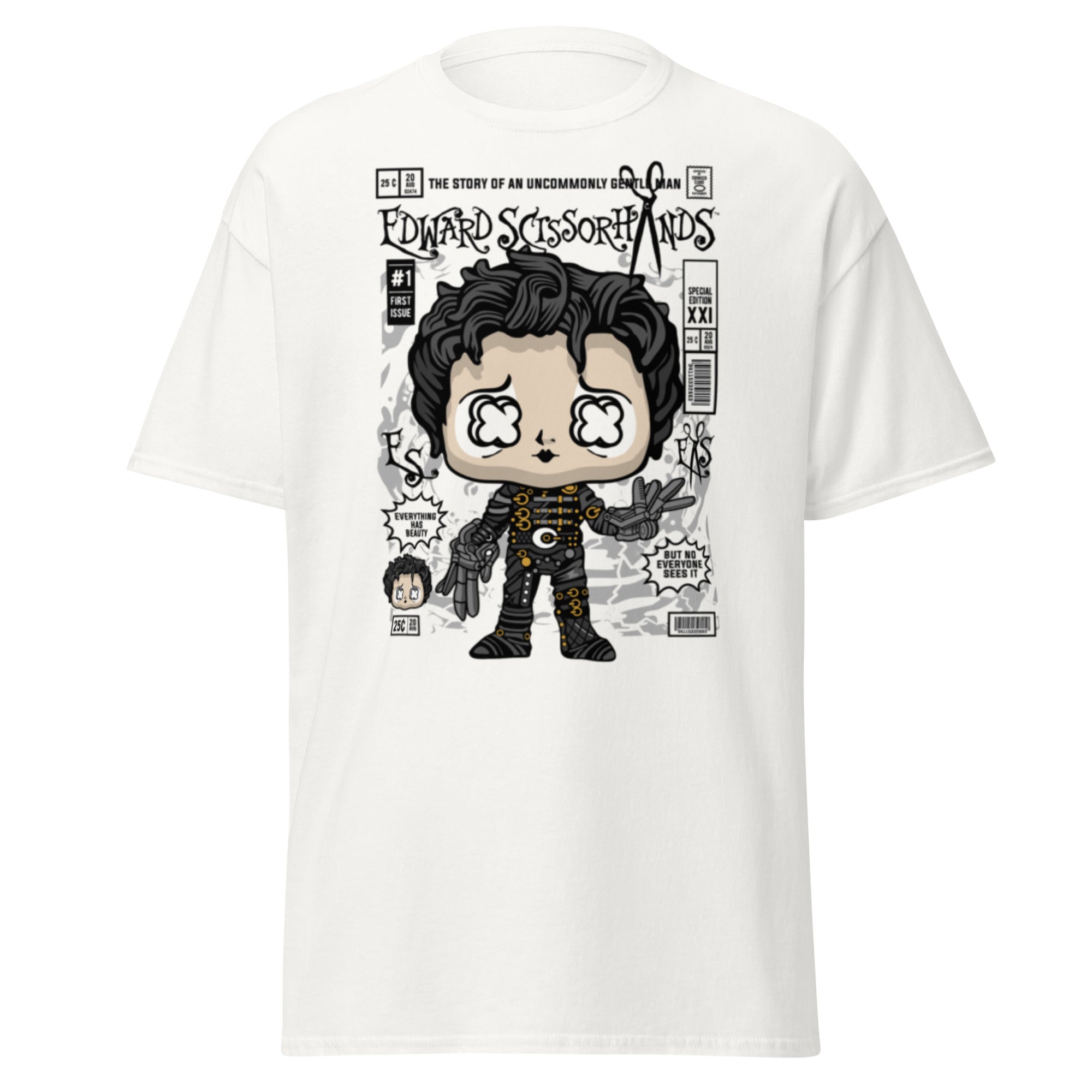 “Scissorhands inspired comic cover parody t-shirt featuring a cute gothic cartoon character with scissor-style hands, black outfit, and pop-art comic design.”
